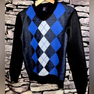 Blue & Grey diamond print boys/girls unisex v-neck sweater medium 14-16 vintage